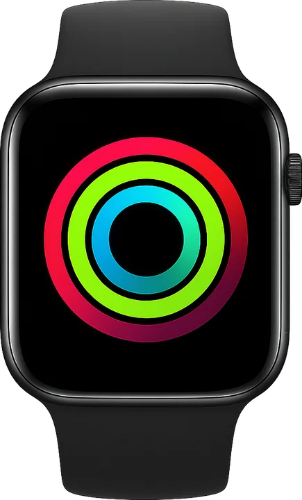 Illustration of the current smartwatch, a black case with a bright activity-ring face