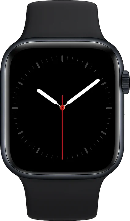 Illustration of the previous-generation smartwatch, a dark case with an analog face