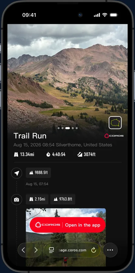 COROS Adventure Journal shared timeline for a trail run, with the summary photo, distance and elevation stats, and timestamped entries below