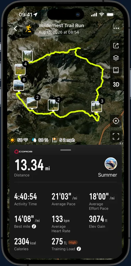 COROS Adventure Journal map of a trail run route with geotagged photos pinned along the track