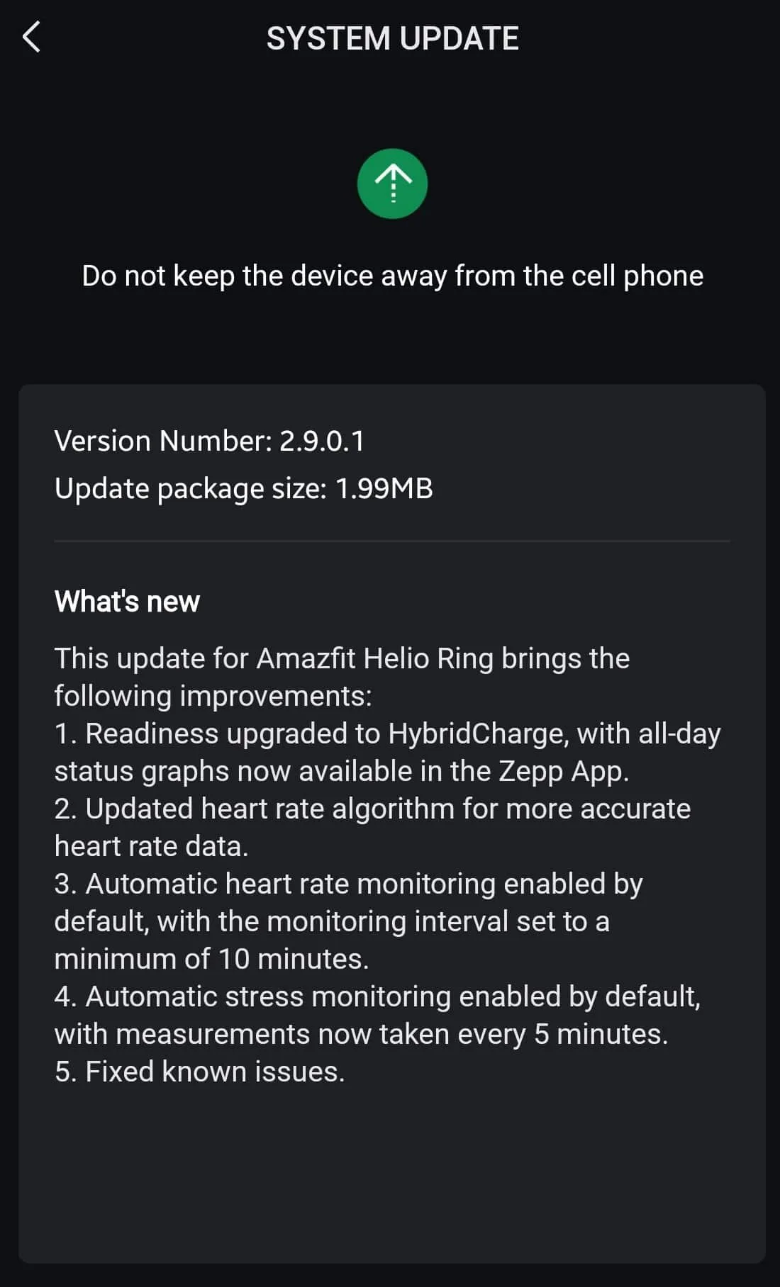 The Zepp app's System Update screen listing Helio Ring firmware 2.9.0.1 and its changes