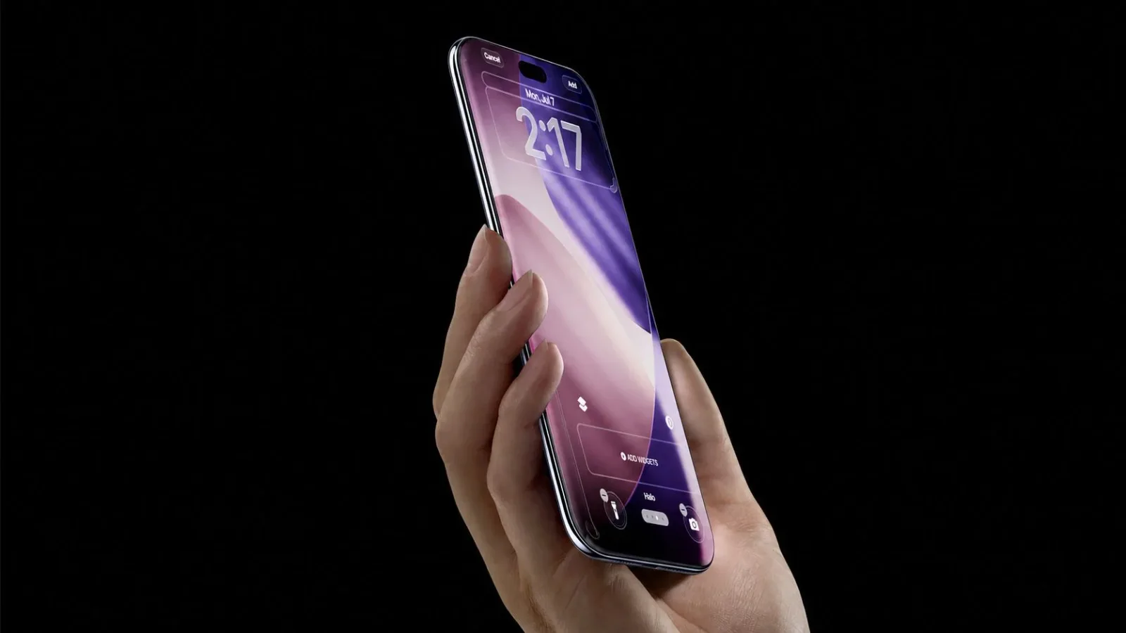 A concept render of the 20th-anniversary iPhone held in a hand, its glass curving over every edge of the screen