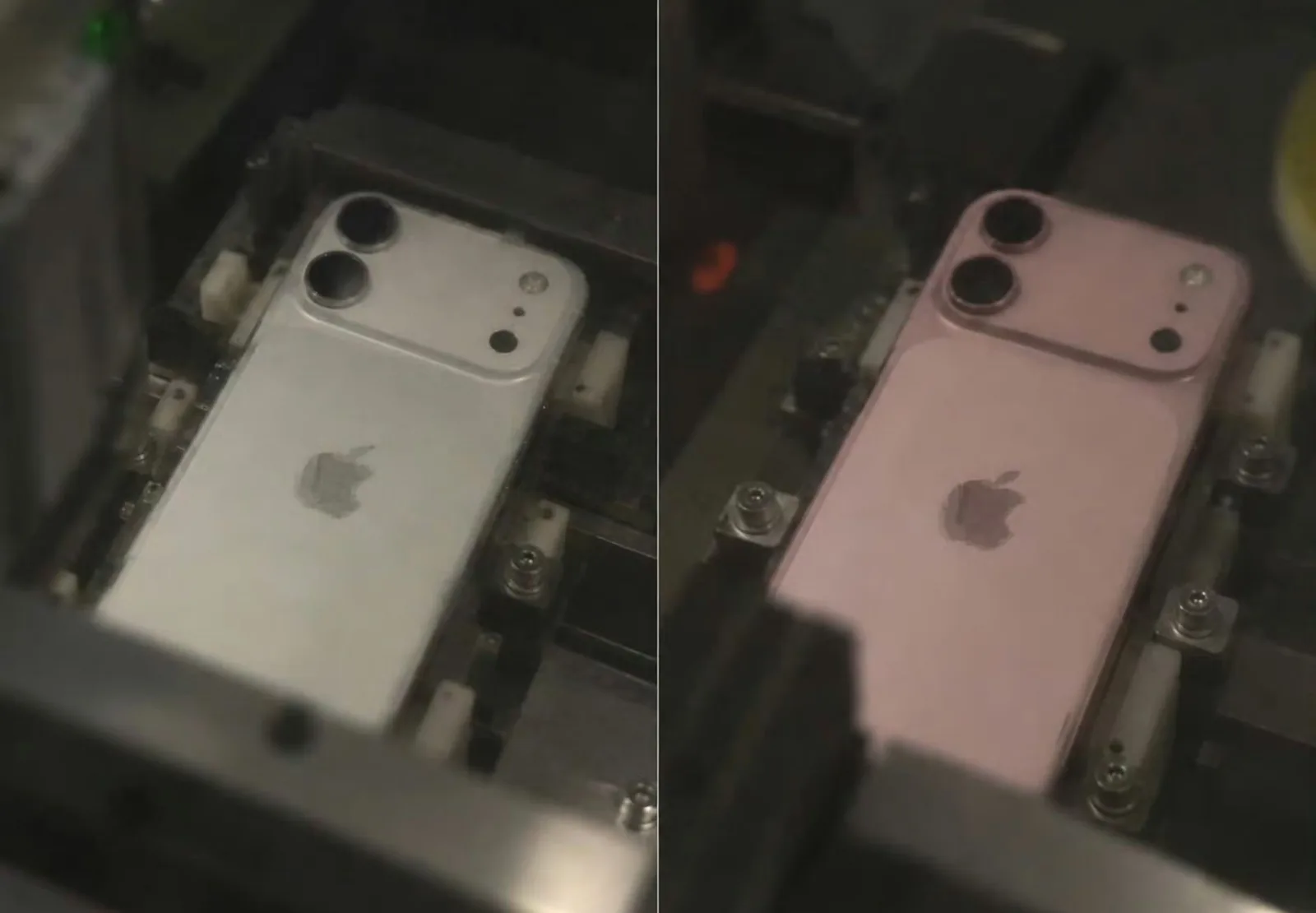 The back of the base iPhone 18 in white and in pink, each sitting in a factory fixture, with two stacked cameras on a raised camera plateau across the top