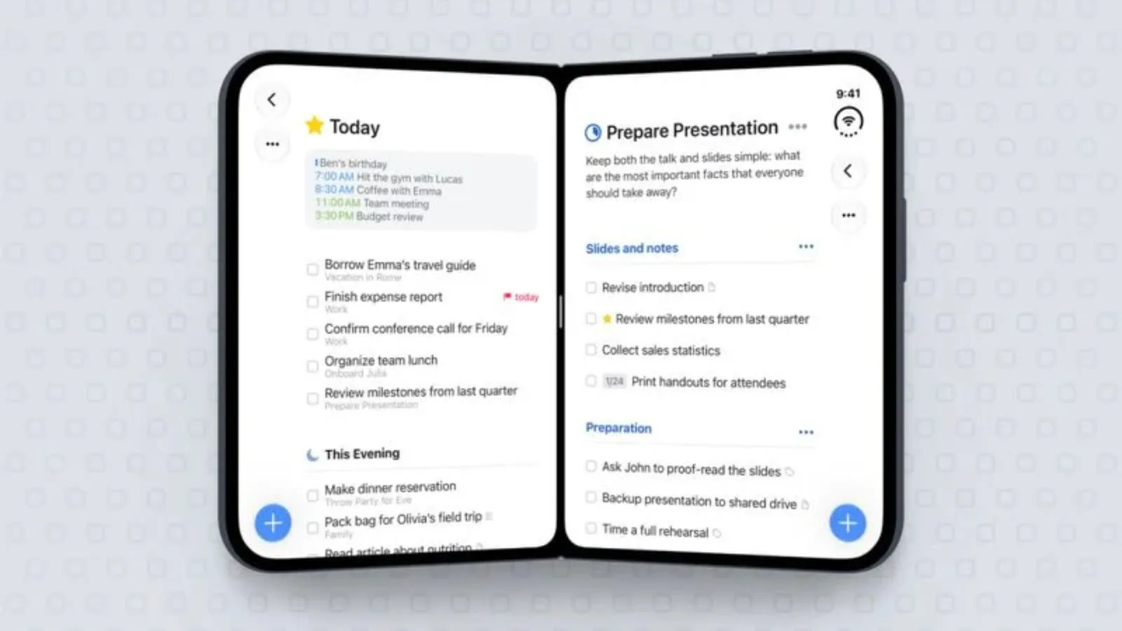 Things 3.25 open across the iPhone Duo's inner screen, with a task list on the left and a project on the right