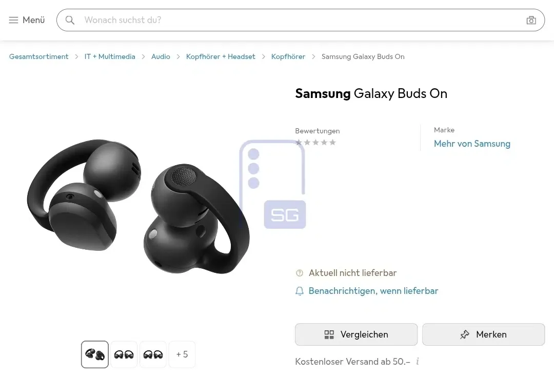 A Swiss retailer's product page listing the Samsung Galaxy Buds On as not yet available