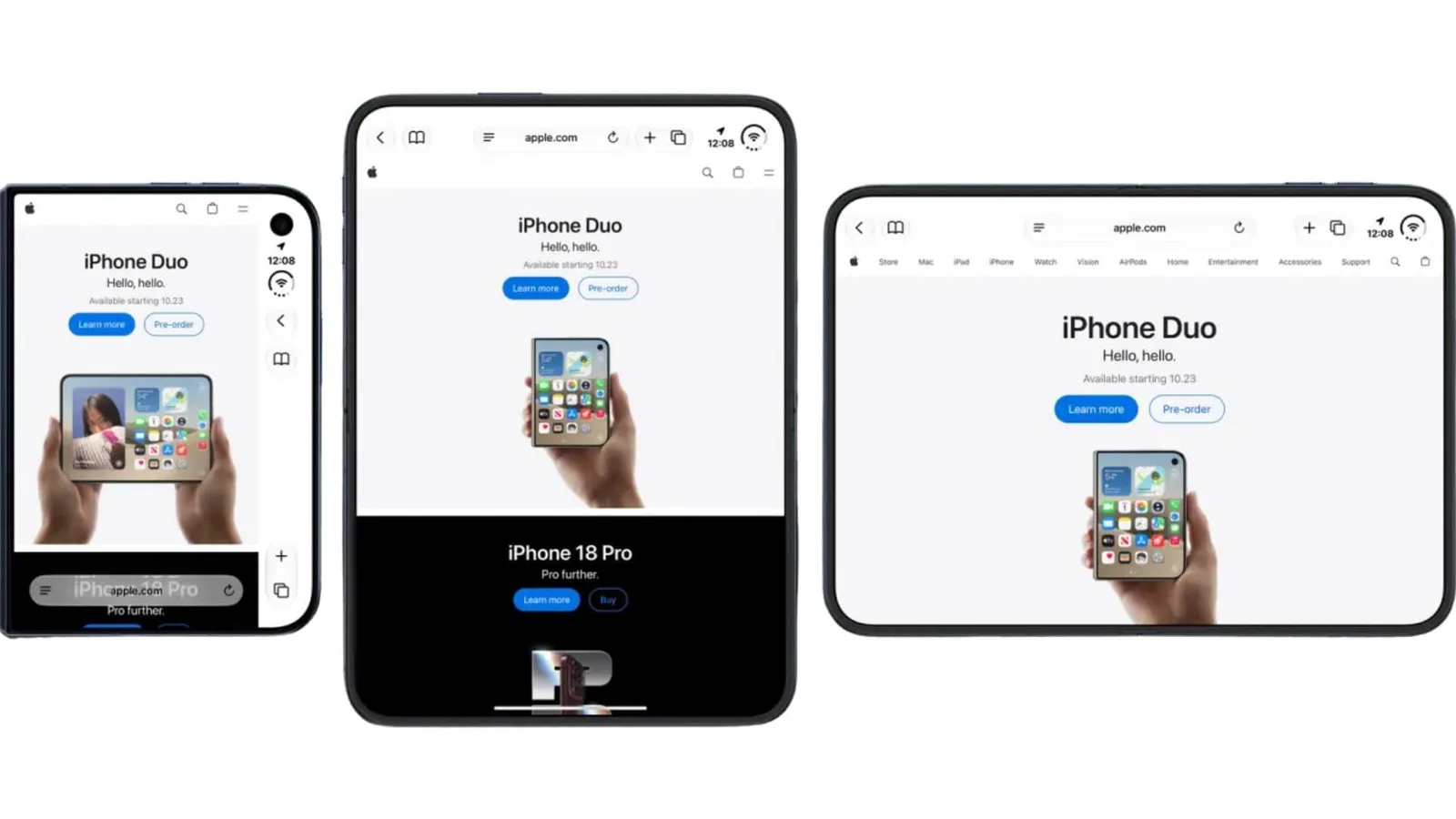 Safari on the iPhone Duo's outer screen, with its controls in a column down the right side, next to the same page on the inner screen