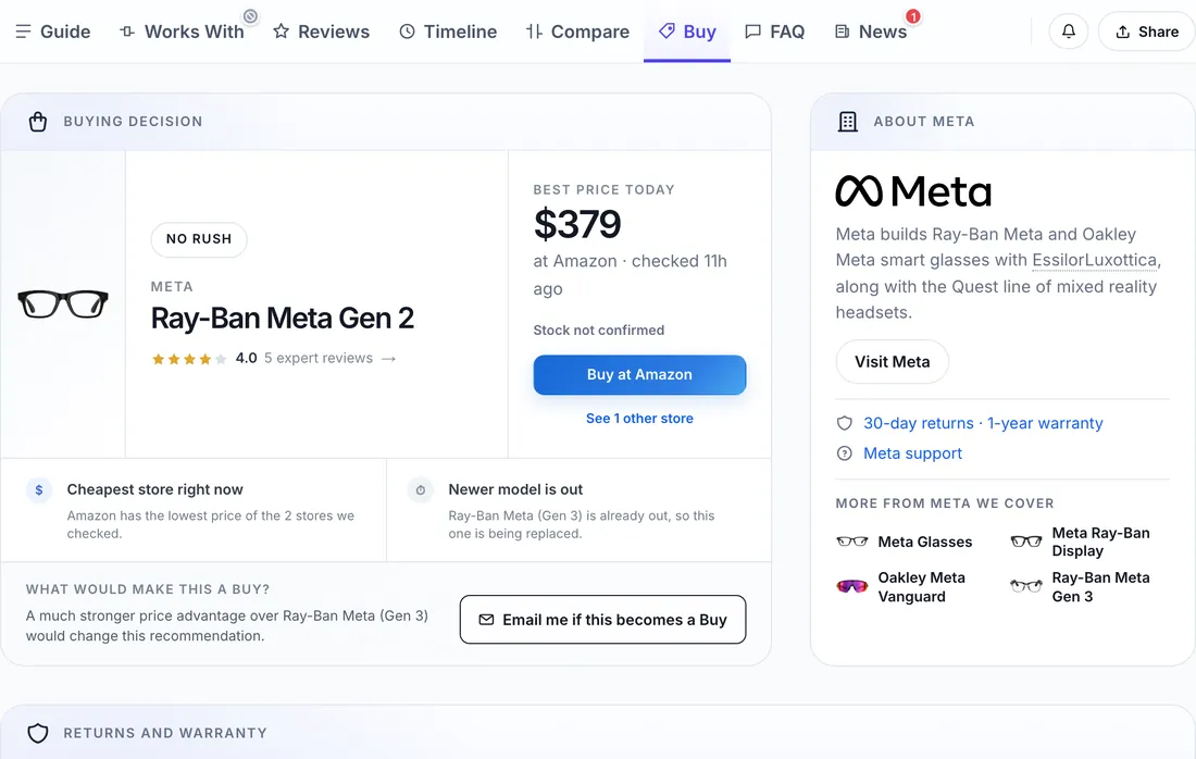 The Buy view of a Guide: the best price today, a Buy button, and a card about the maker with links to its return and warranty pages.