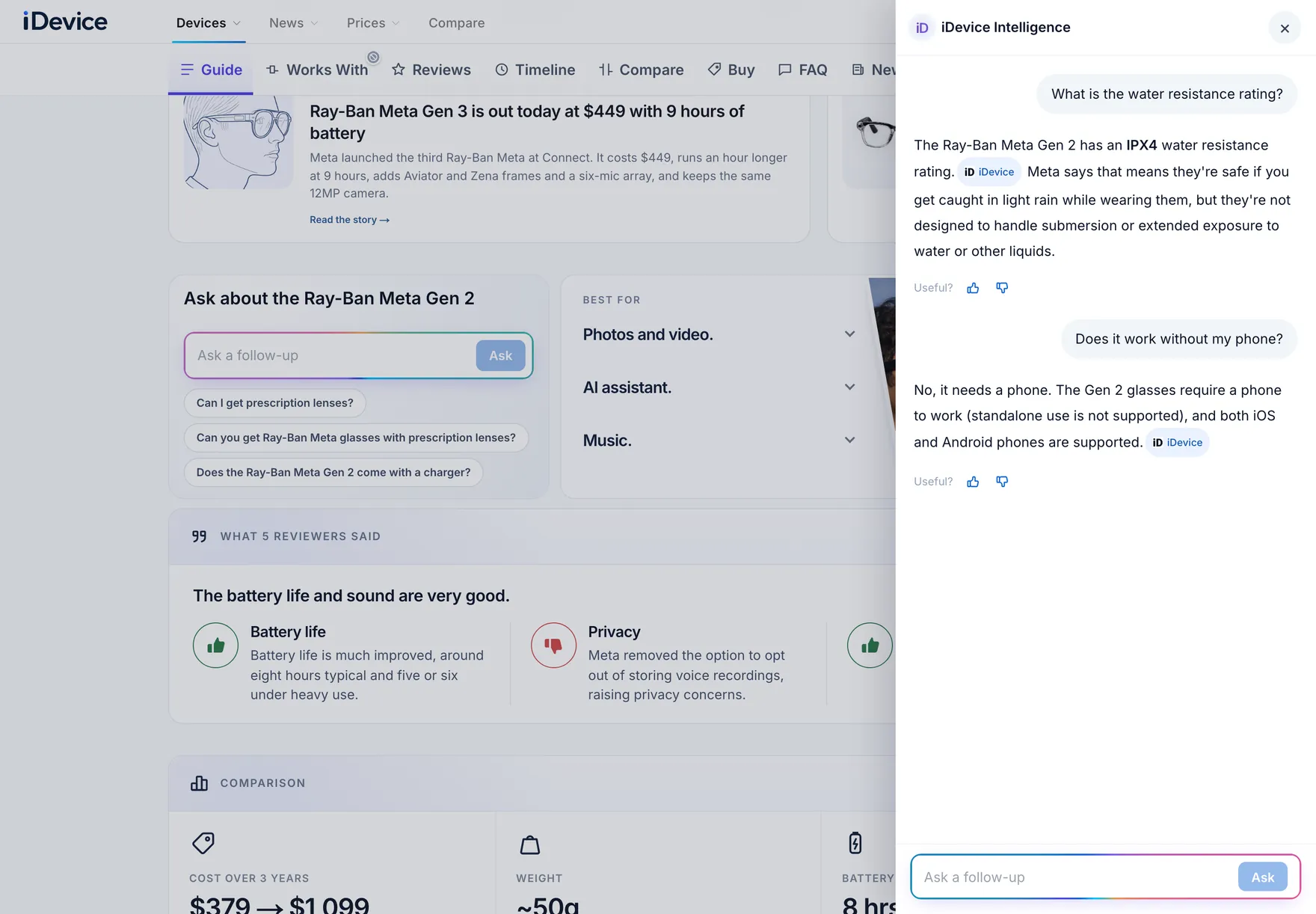 The iDevice chat open beside a live Guide. A buyer asks for the Ray-Ban Meta Gen 2 water resistance rating and whether it works without a phone. Each answer is in plain words and carries an iDevice source pill.