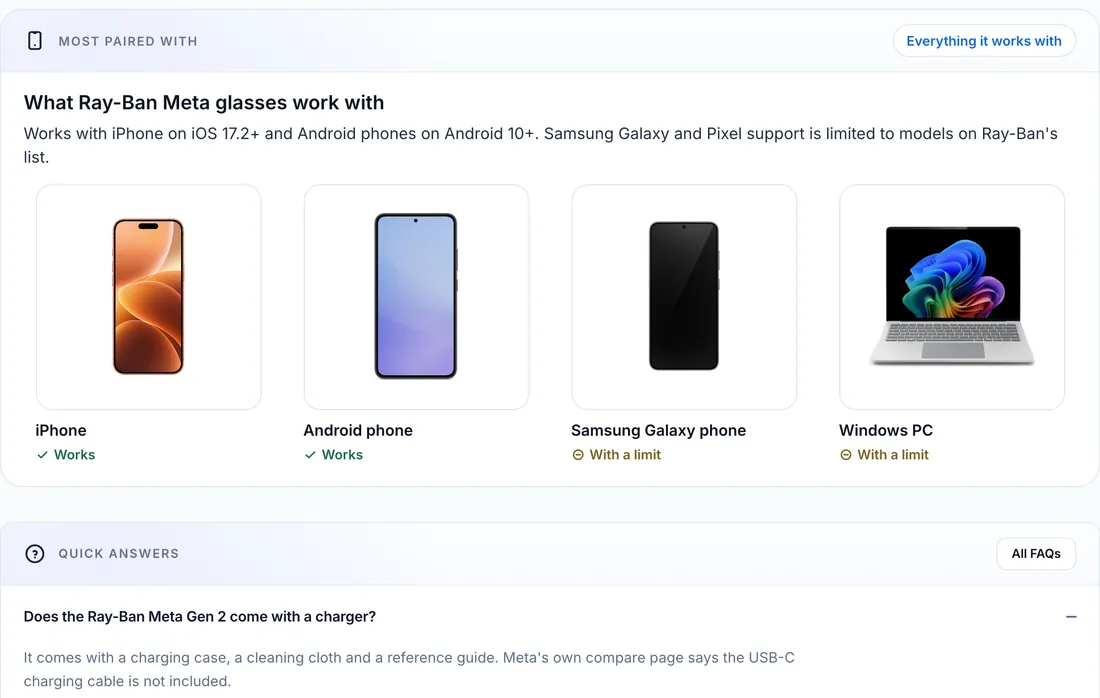 A Most Paired With card showing iPhone and Android phone as Works, Samsung Galaxy phone and Windows PC as With a limit, above a Quick Answers card.